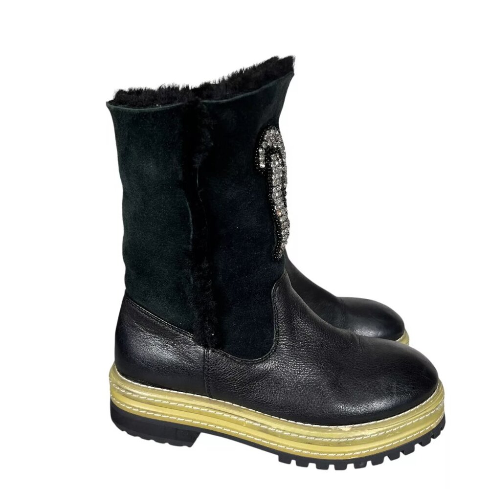 P1 Womens Black Leather Shearling Lining Lug Sole Mid Calf Boots Sz EU38 RARE - Picture 8 of 16